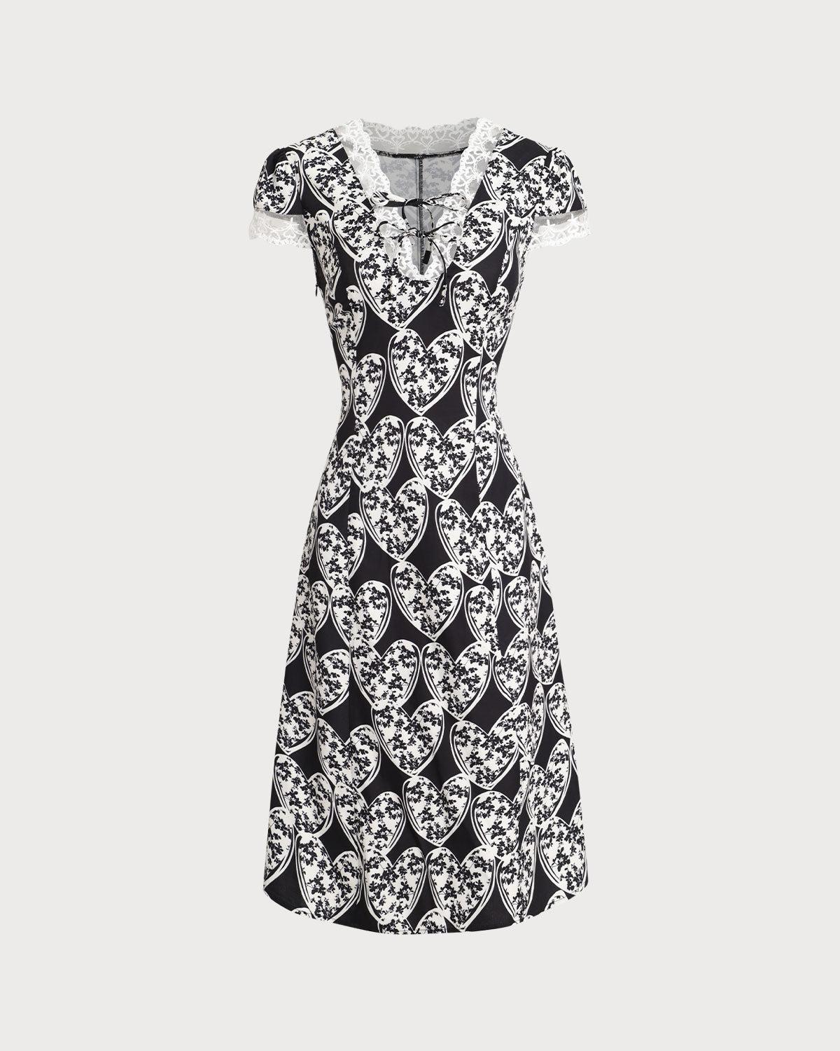 Black Floral Lace Trim Midi Dress Product Image