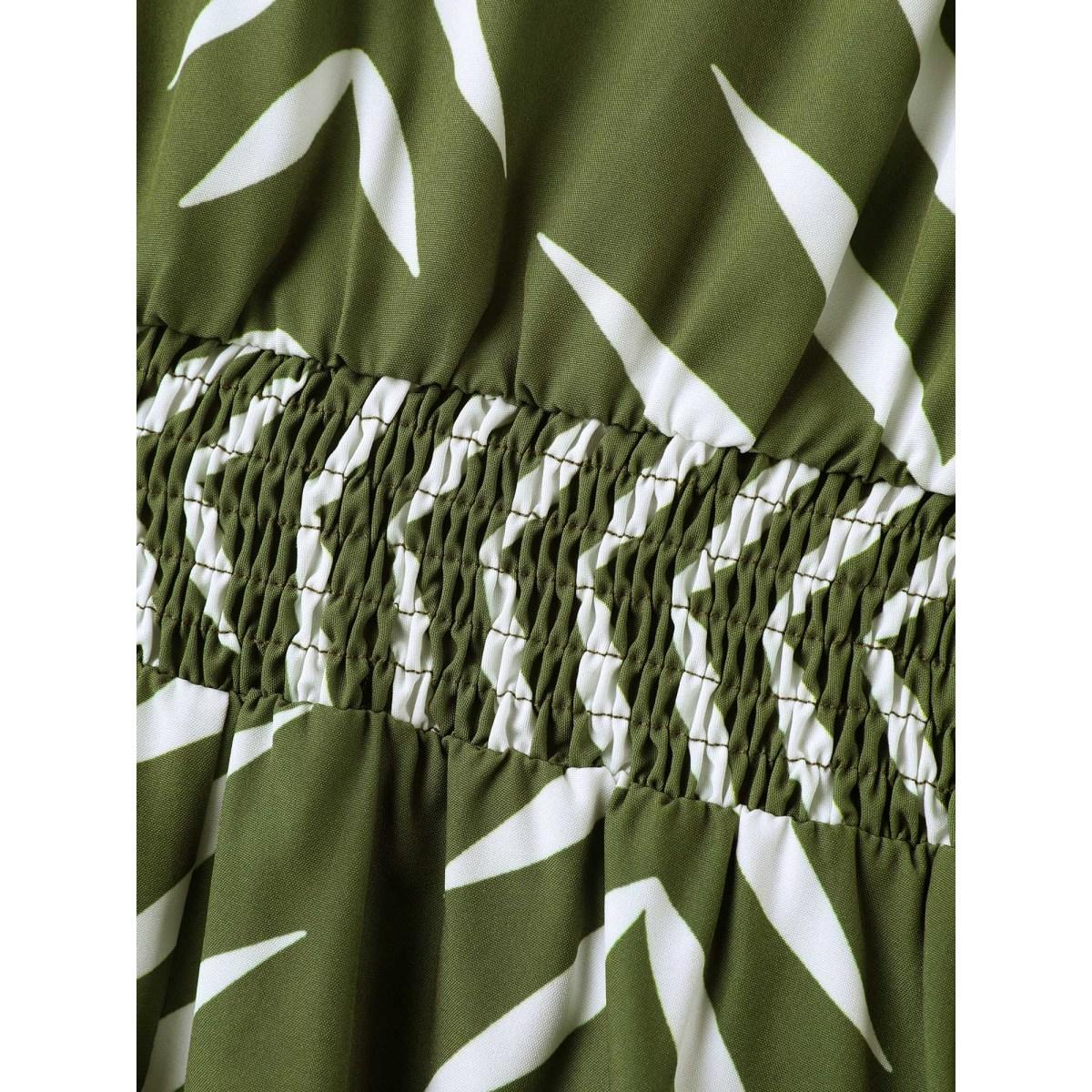 Plus Size Tree Print Wrap Shirred Pockets Midi Dress Olive Women Shirred Overlap Collar Elbow-length sleeve Curvy BloomChic 10/M Product Image