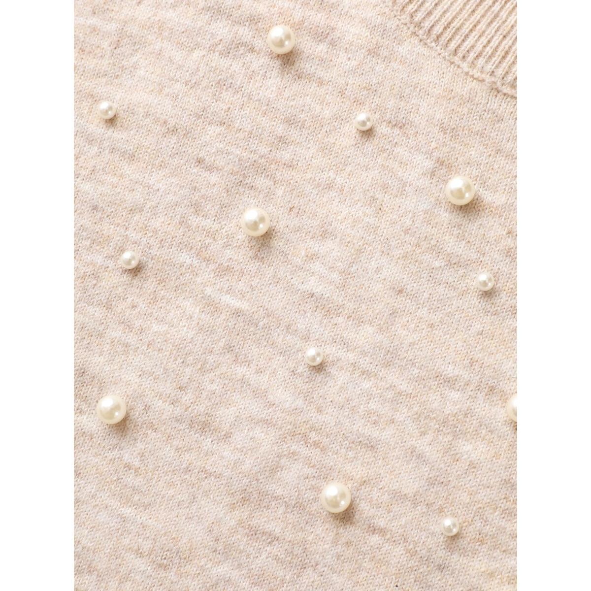 Plus Size Round Neck Pearl Beaded Pullover Apricot Women Leisure Long Sleeve Round Neck Casual Pullovers BloomChic 22-24/3X Product Image