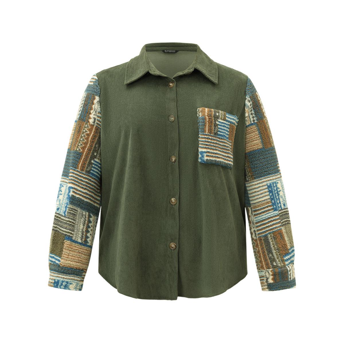 Plus Size Textured Contrast Patchwork Button Through Jacket Women ArmyGreen Casual Contrast Ladies Dailywear Winter Coats BloomChic 26/4X Product Image