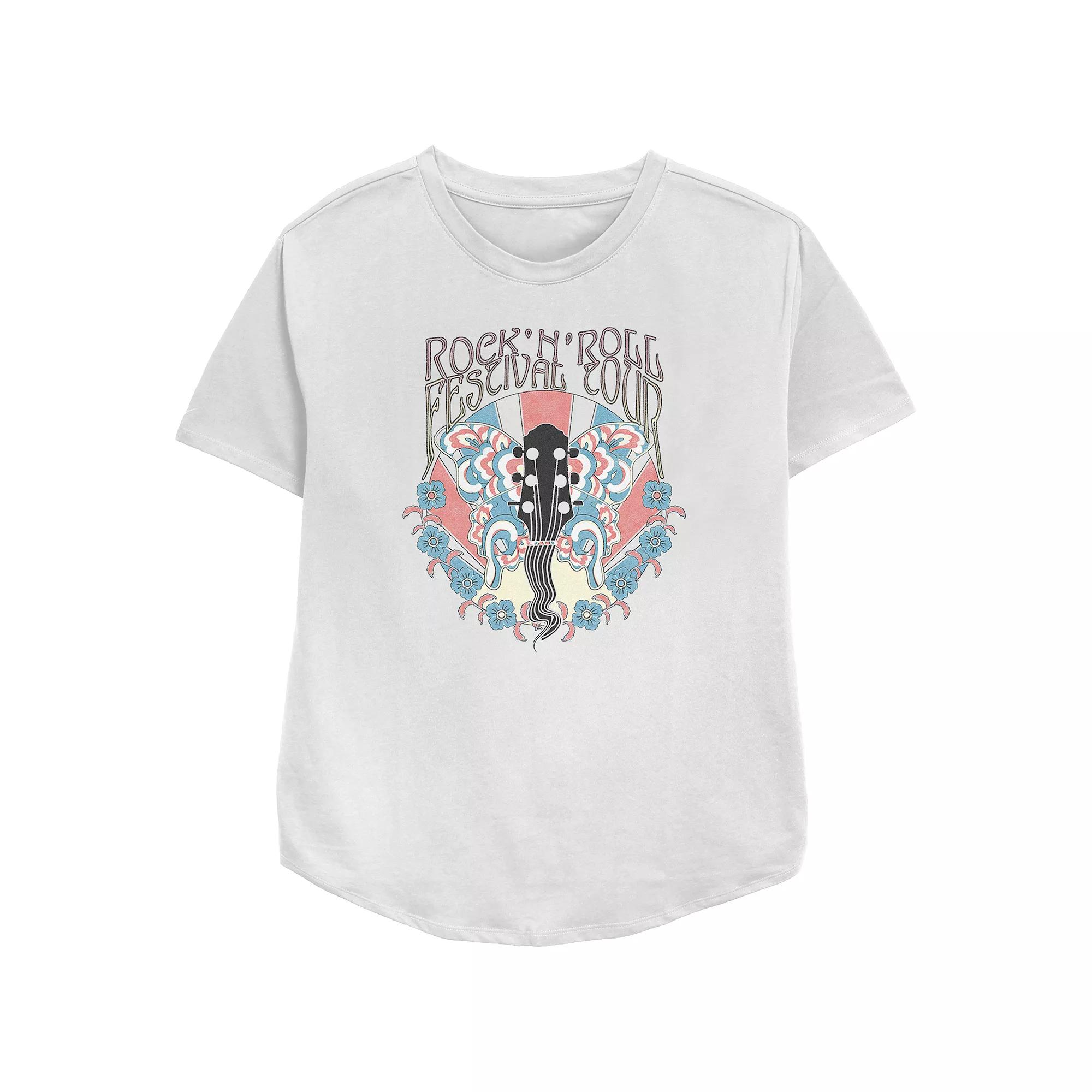 Women's Rock'N'Roll Festival Tour Guitar Flowers Butterfly Psychedelia Relaxed Fit Graphic Tee, Girl's,  Product Image