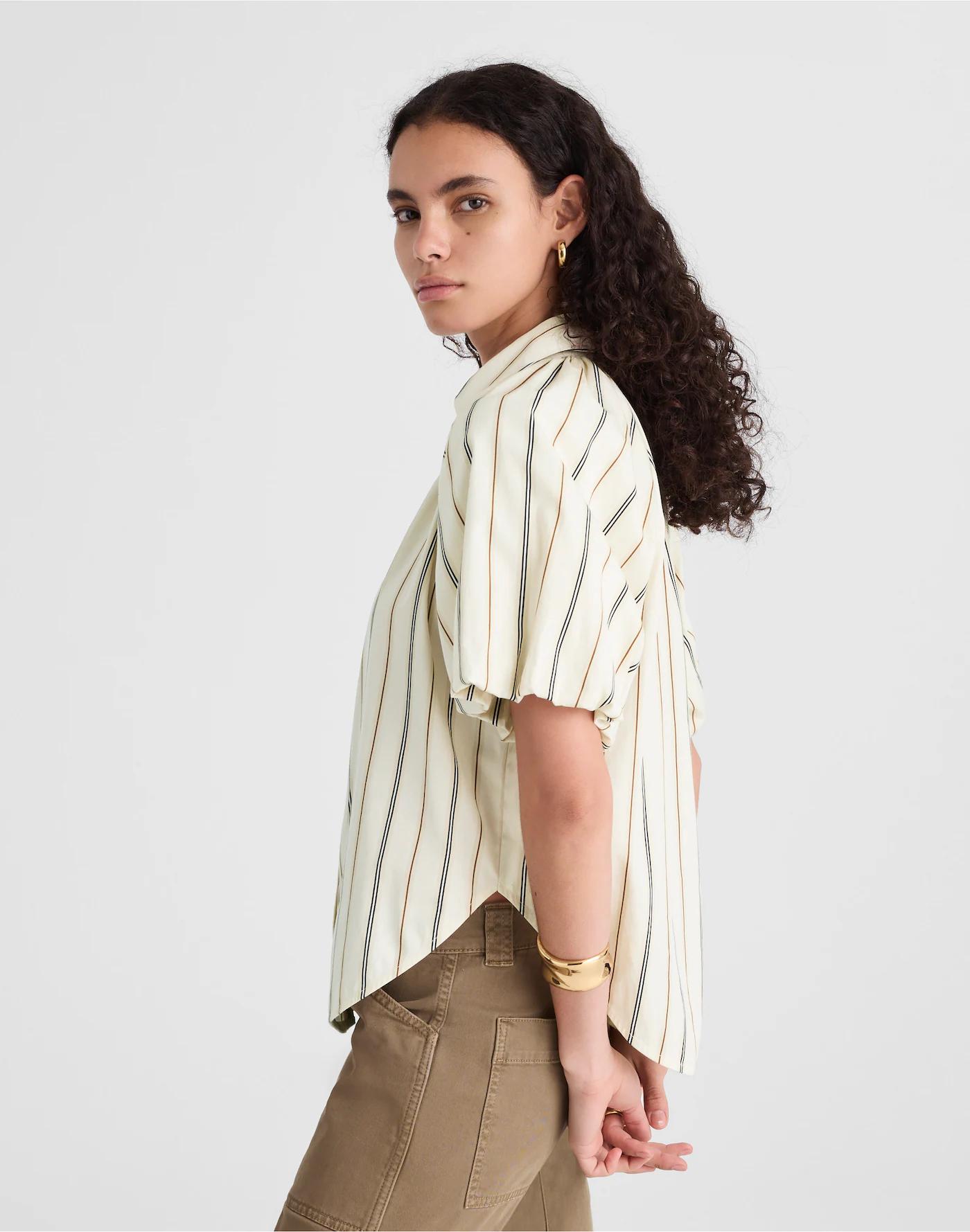 Shirred Bubble-Sleeve Button-Up Shirt in Poplin Product Image
