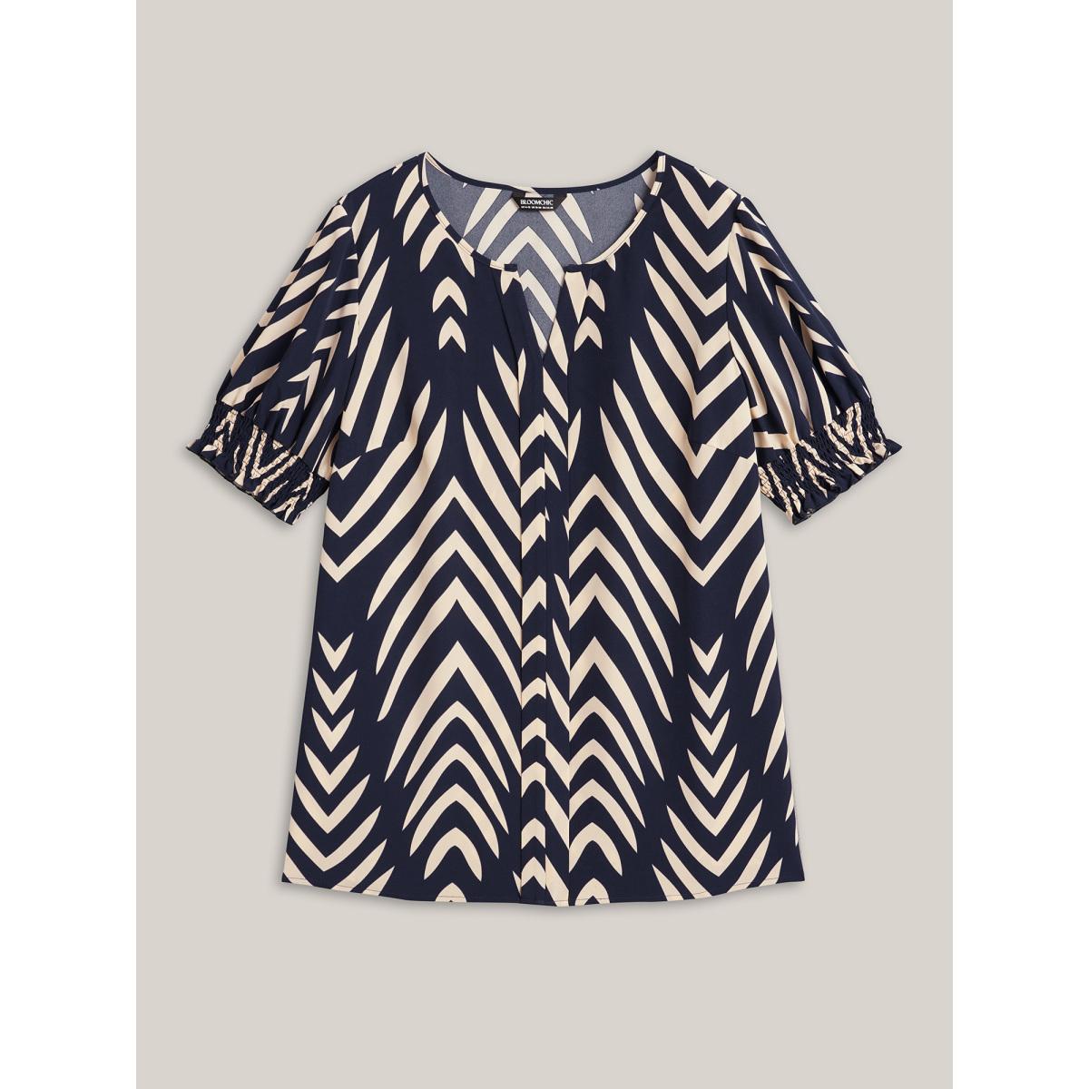 Plus Size Black Geometric Print Ruffled Shirred Shirt Women Office Half Sleeve Flat collar with V-notch Office Blouses BloomChic 26/4X Product Image