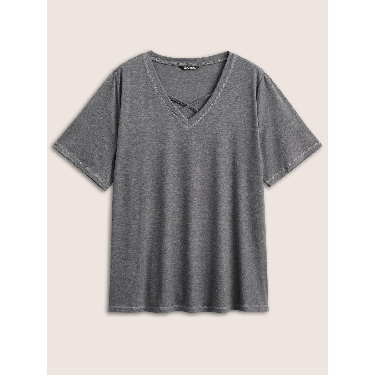 Plus Size Solid Crisscross Neck Contrast Stitch T-shirt Gray Women Leisure Plain V-neck Casual T-shirts BloomChic 10/M Product Image