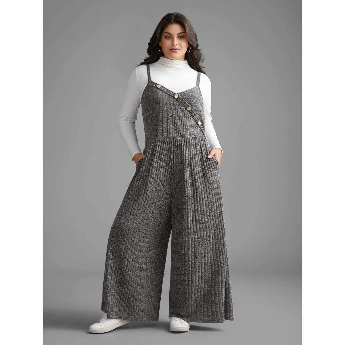 Plus Size DimGray Plain Rib Knit Button Detail Jumpsuit Women Casual Sleeveless Heart neckline Everyday Loose Jumpsuits BloomChic 22-24/3X Product Image