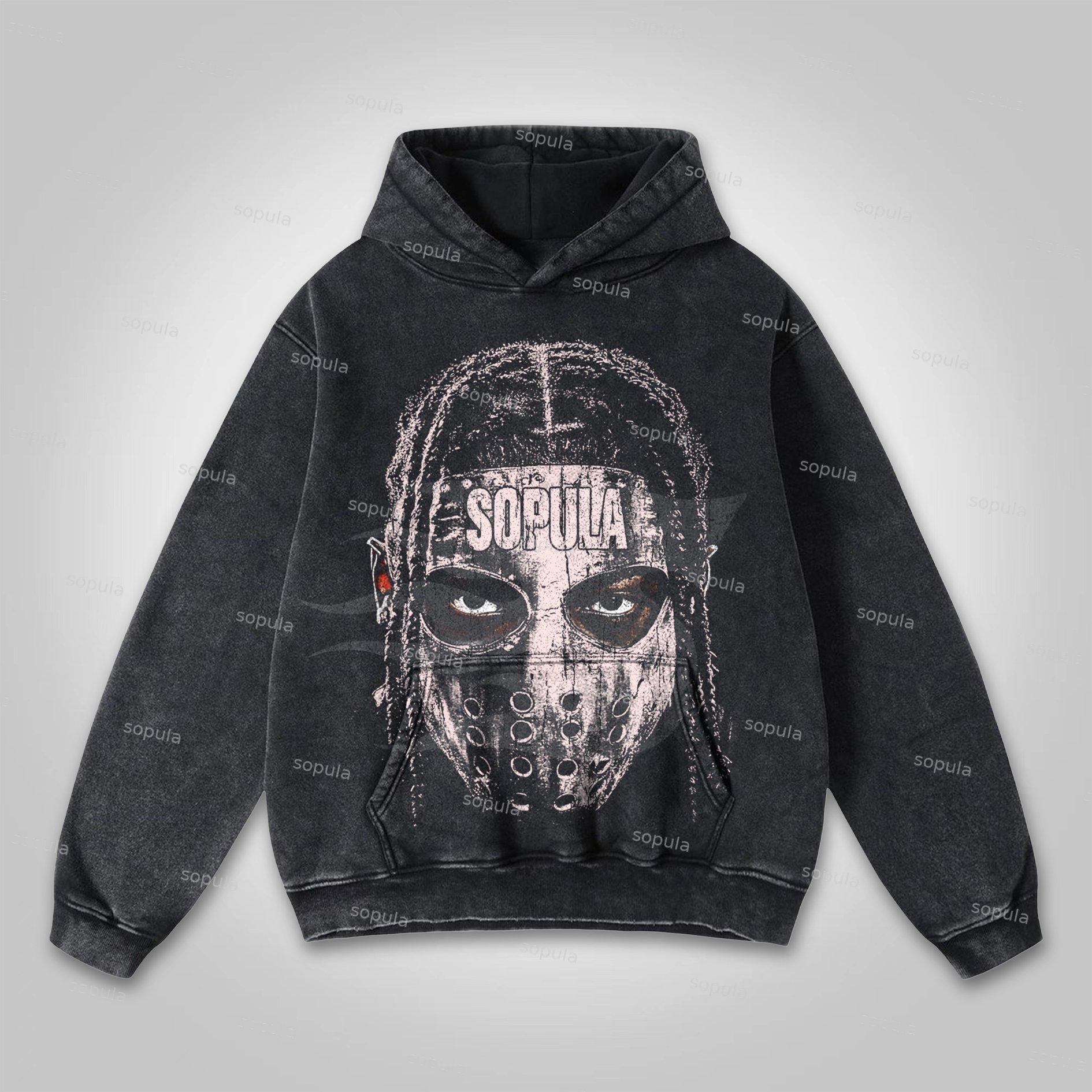 Sopula Dirty Braid Mask Character Graphic Washed Hoodie Product Image
