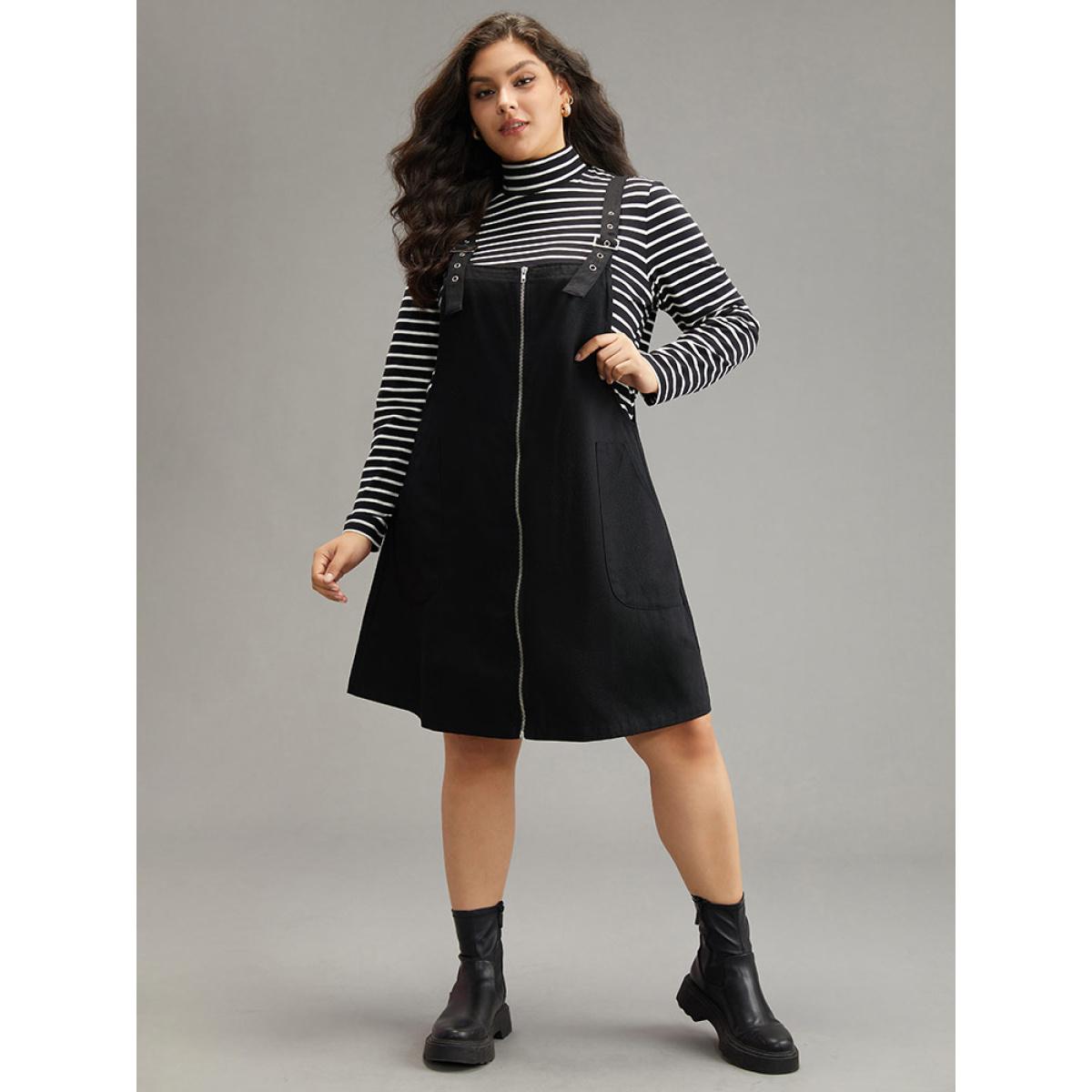 Plus Size Twill Zipper Adjustable Straps Dress Black Women Casual Adjustable Straps Spaghetti Strap Sleeveless Curvy Knee Dress BloomChic 10/M Product Image