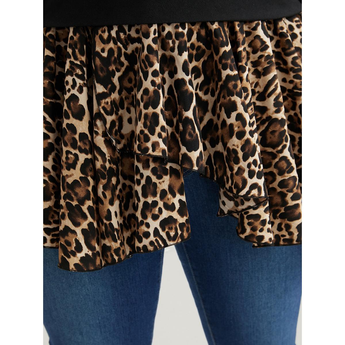 Plus Size Leopard Patchwork Asymmetrical Hem Sweatshirt Women Black Elegant Contrast Round Neck Dailywear Sweatshirts BloomChic 26/4X Product Image