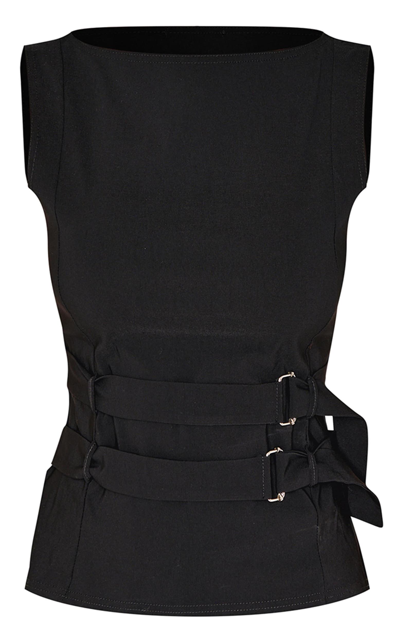 Black Bengaline Boatneck Buckle Detail Long Top Product Image