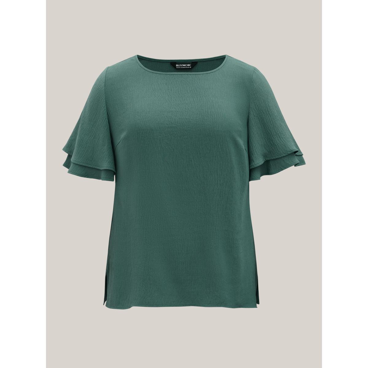 Plus Size Emerald Solid Tiered Ruffles Split Hem Blouse Women Timeless Half Sleeve Boat Neck Elegant Blouses BloomChic 14-16/1X Product Image