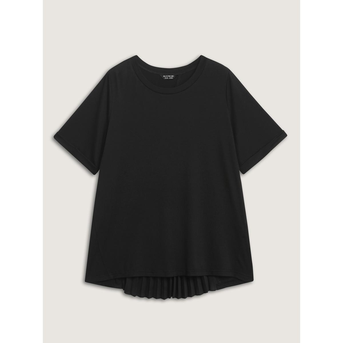 Plus Size Stretchy Round Neck Rolled Cuff Sleeve T-Shirt Black Women Leisure Overlapping Round Neck Casual T-shirts BloomChic 26/4X Product Image