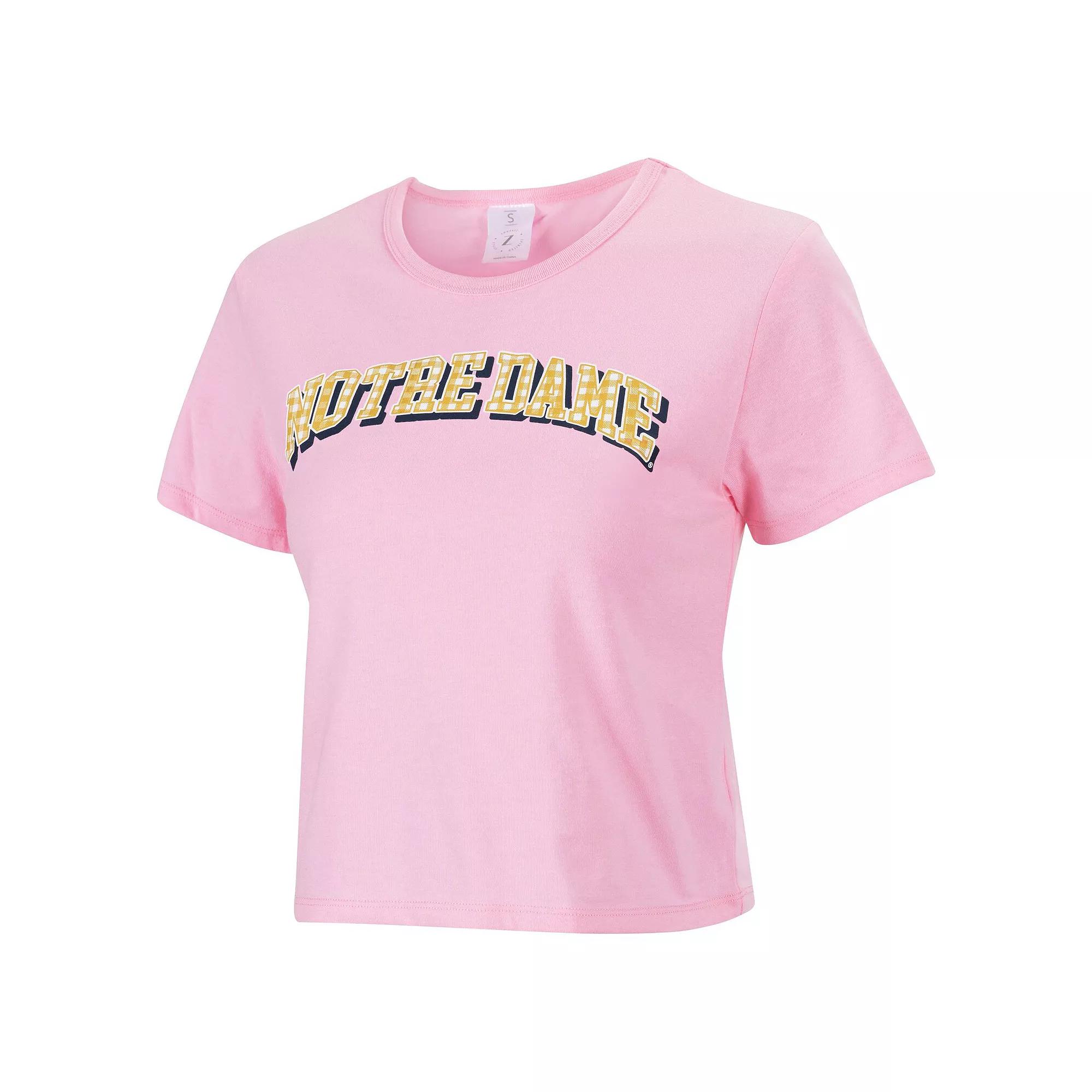Women's ZooZatz Pink Notre Dame Fighting Irish Gingham Logo Cropped T-Shirt,  Product Image