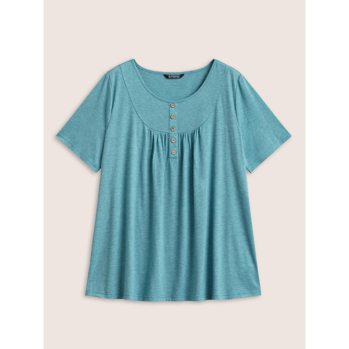 Plus Size Solid Heather Button Detail Gathered T-shirt Turquoise Women Casual Button Plain U-neck Everyday T-shirts BloomChic 26/4X Product Image