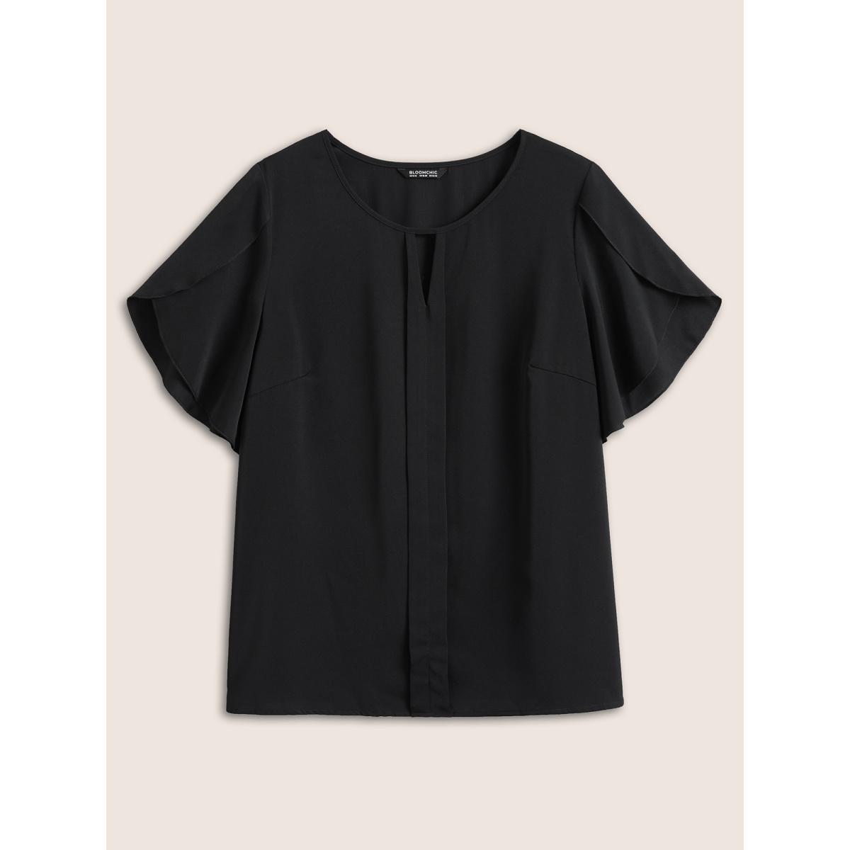 Plus Size Black Solid Keyhole Petal Sleeve Pleated Blouse Women Work From Home Short sleeve Notched collar Work Blouses BloomChic 14-16/1X Product Image