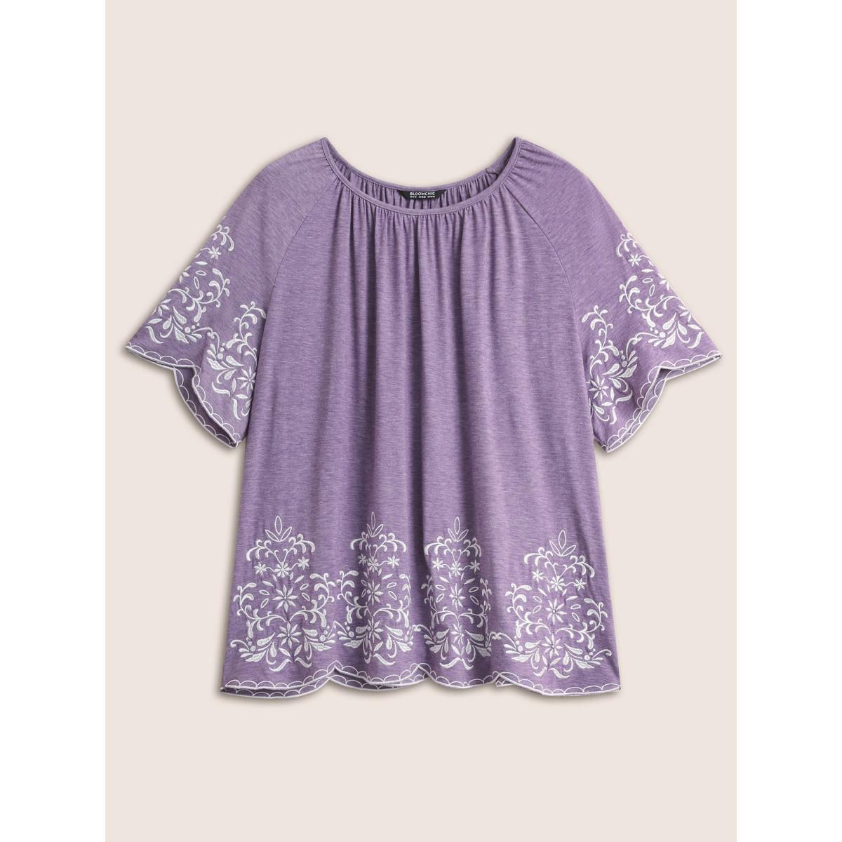 Plus Size Embroidered Scalloped Trim Gathered T-shirt BlueViolet Women Elegant Embroidered Round Neck Everyday T-shirts BloomChic 26/4X Product Image
