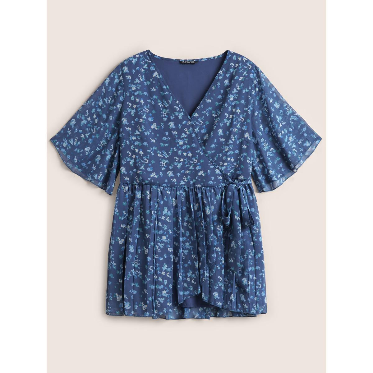 Plus Size Indigo Ditsy Floral Mesh Overlap Collar Ties Blouse Women Elegant Short sleeve Overlap Collar Everyday Blouses BloomChic 14-16/1X Product Image