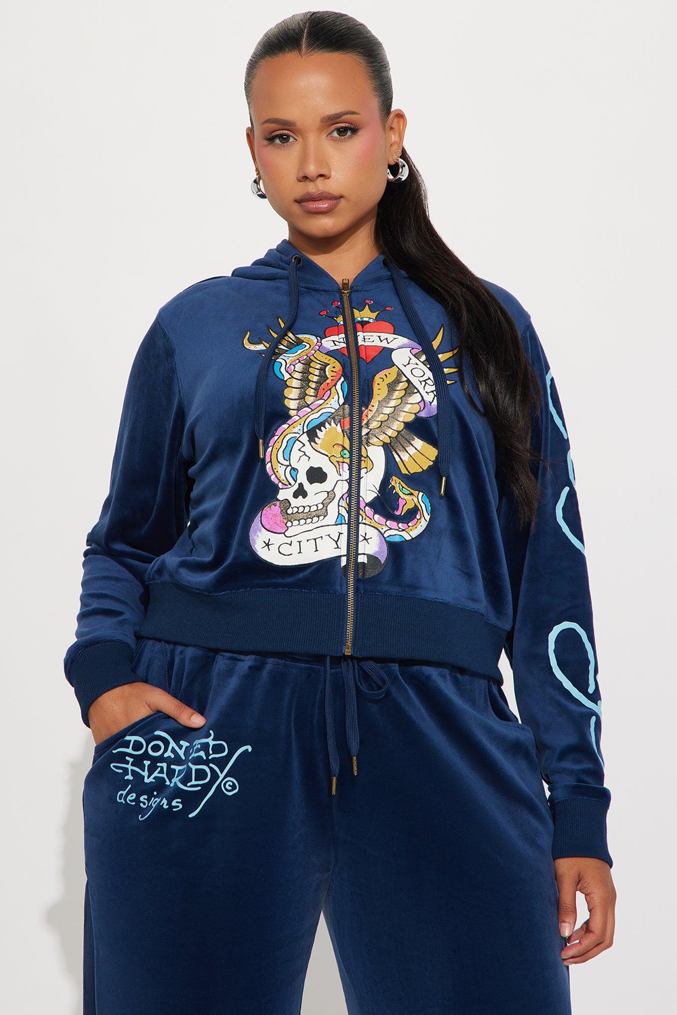 Ed Hardy NY Skull City Velour Pant Set - Navy Female Product Image