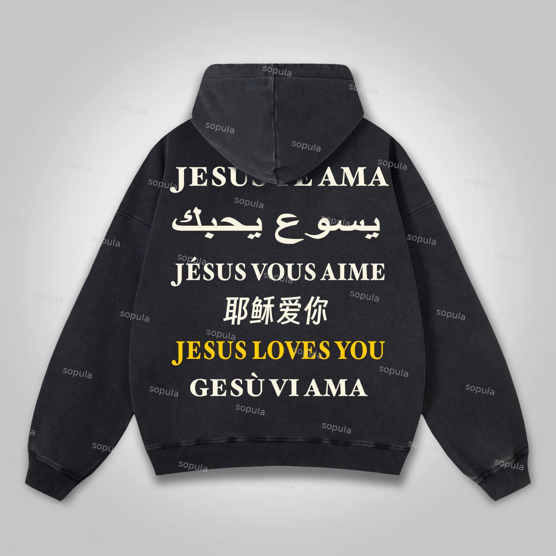 Sopula I Love Jesus. Jesus Loves The World Graphics Washed Distressed Pocket Hoodie Product Image