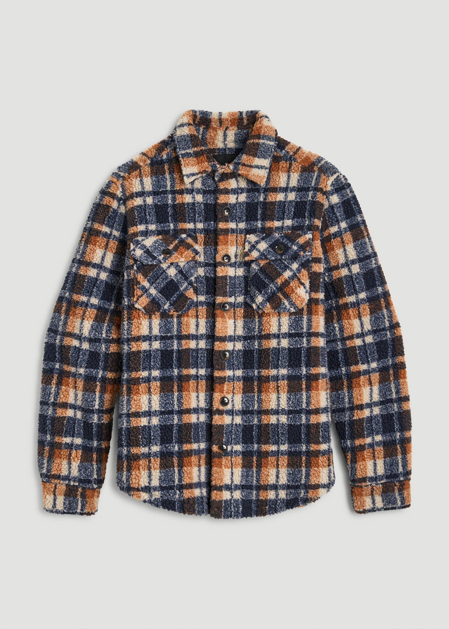 Sherpa Shirt Jacket for Tall Men in Dark Blue and Orange Plaid Male Product Image