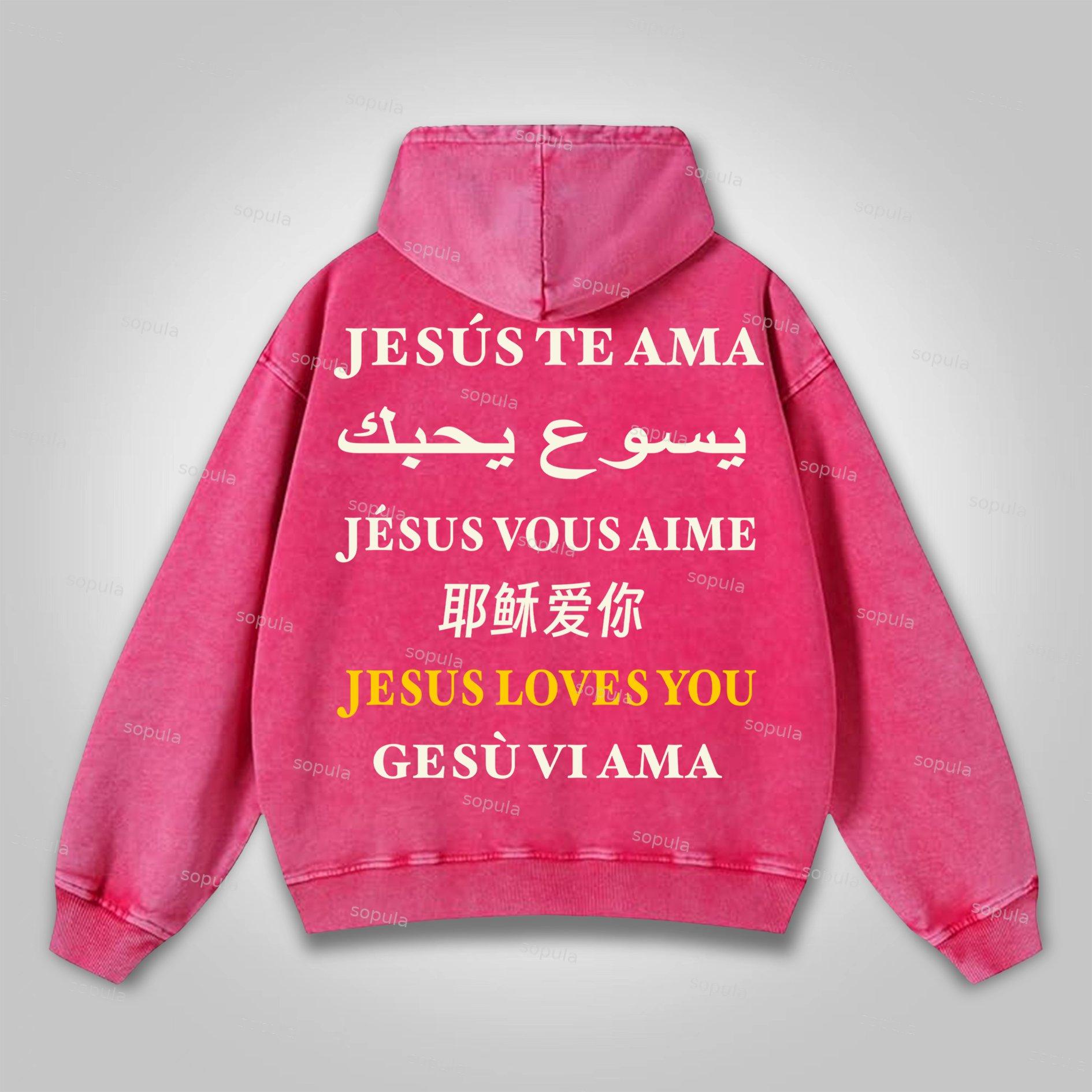 Sopula I Love Jesus. Jesus Loves The World Graphics Washed Distressed Pocket Hoodie Product Image
