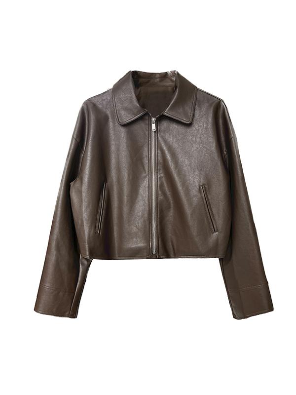 Long Sleeves Loose Solid Color Zipper Lapel Collar Jackets&Coats Outerwear Product Image
