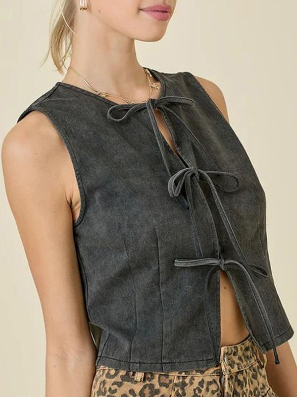 Loose Sleeveless Lace-Up Split-Joint Round-Neck Vest Top Product Image