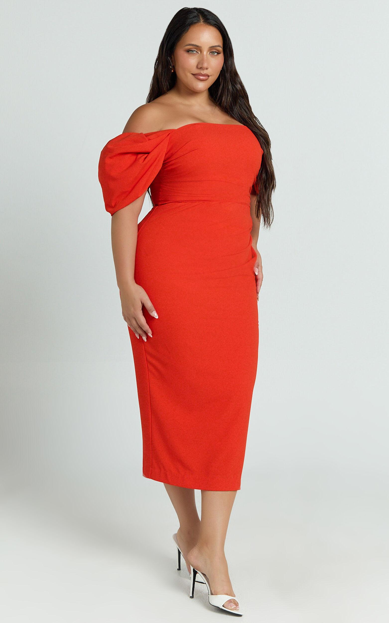 Lohan Midi Dress - Off Shoulder Puff Sleeve in Orange Product Image