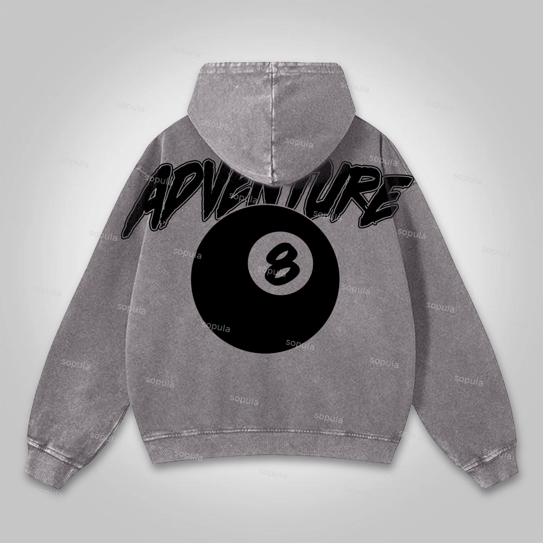 Sopula Vintage Black 8 Print Graphics Washed Distressed Hoodie Product Image