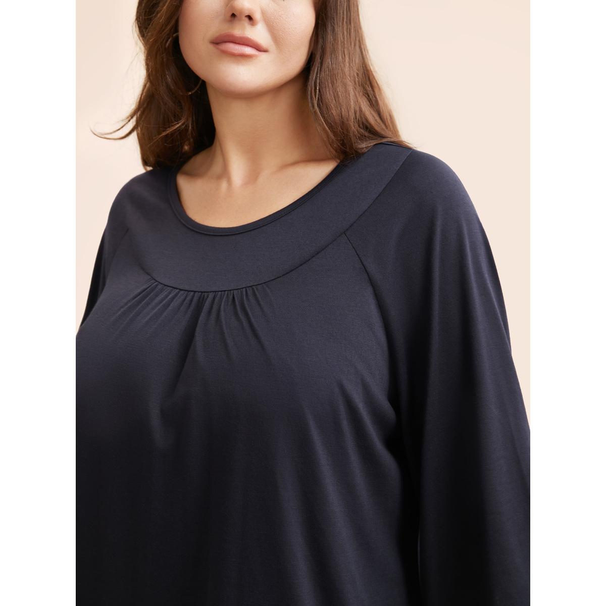Plus Size Round Neck Lace Trim Raglan Sleeve T-shirt Indigo Women Casual Gathered Round Neck Everyday T-shirts BloomChic 30/6X Product Image