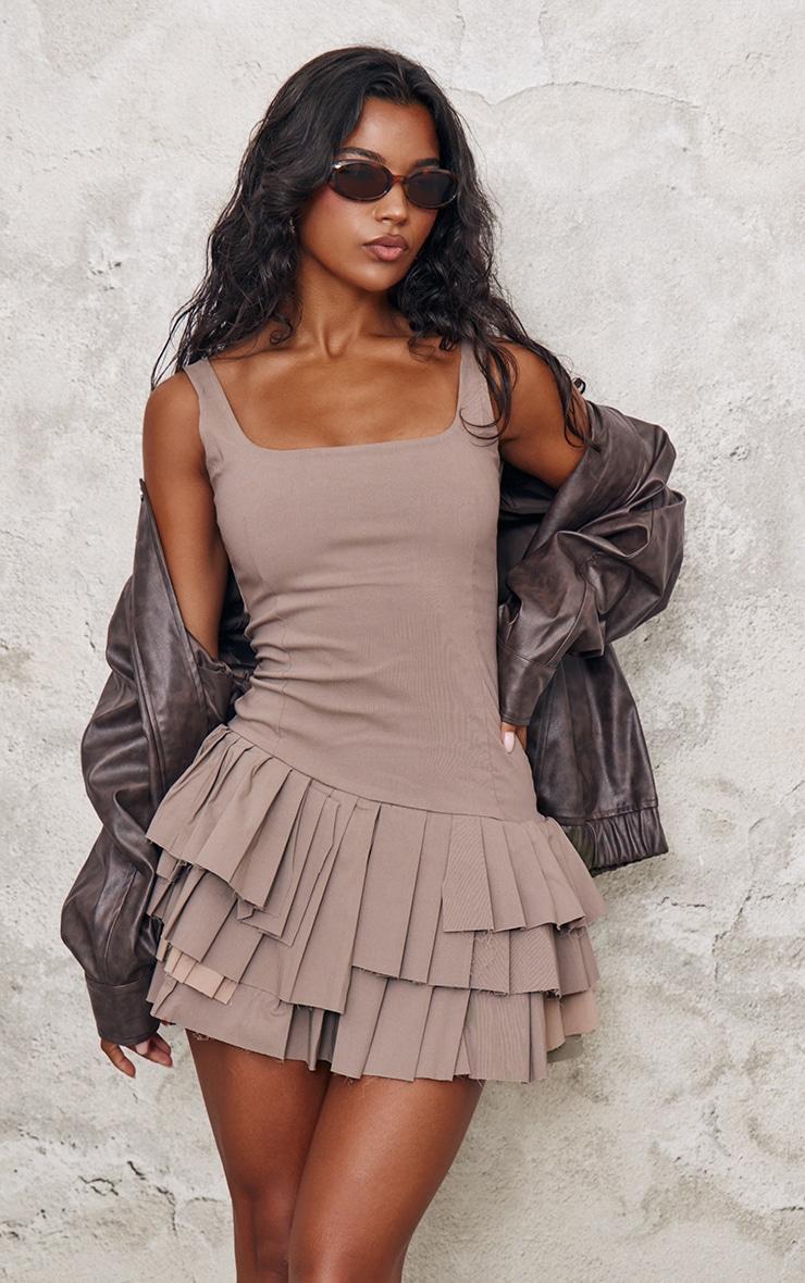 Taupe Stretch Woven Extreme Pleated Shift Dress Product Image