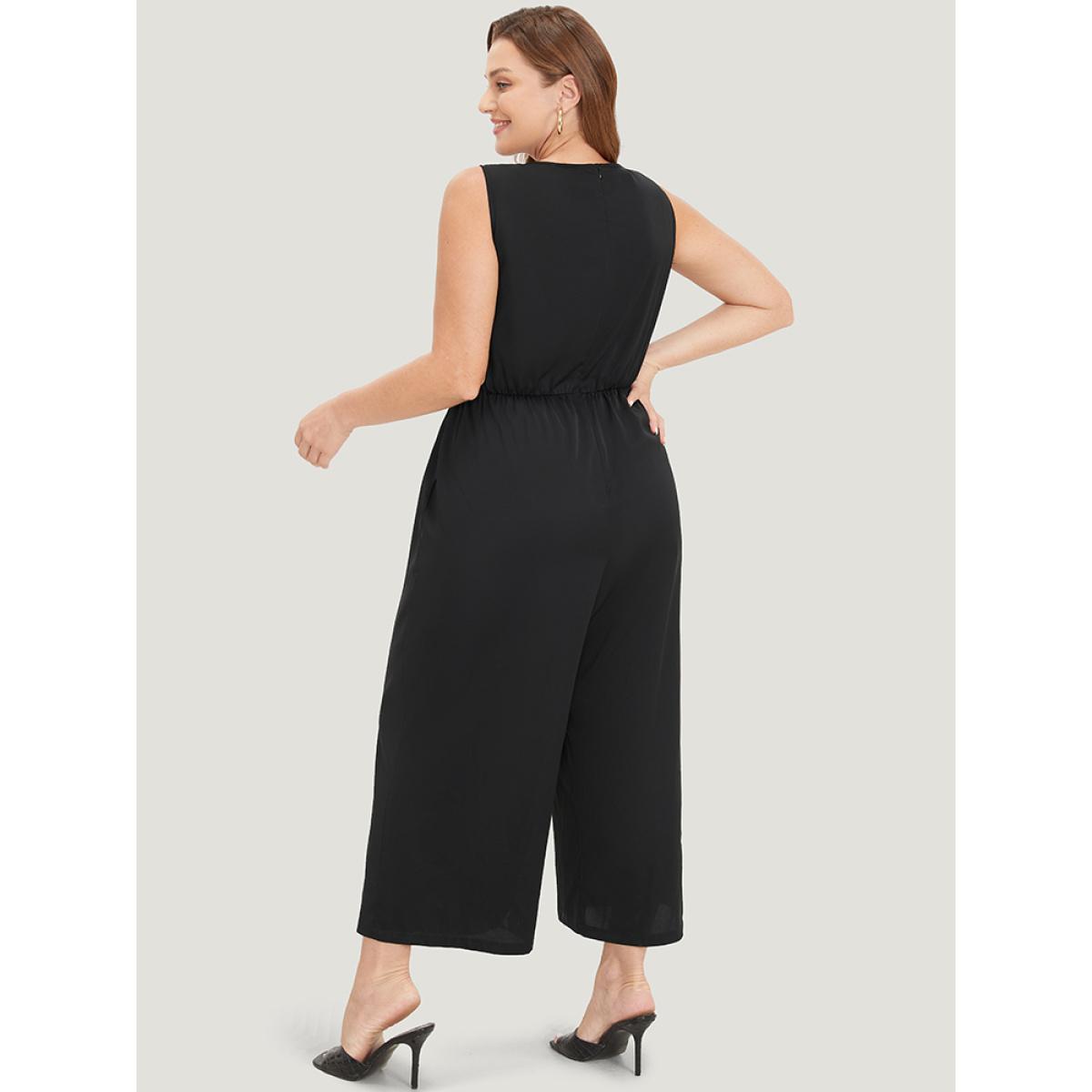 Plus Size Black Solid Lace Mesh Pocket Sleeveless Jumpsuit Women Elegant Sleeveless Round Neck Dailywear Loose Jumpsuits BloomChic 12/L Product Image