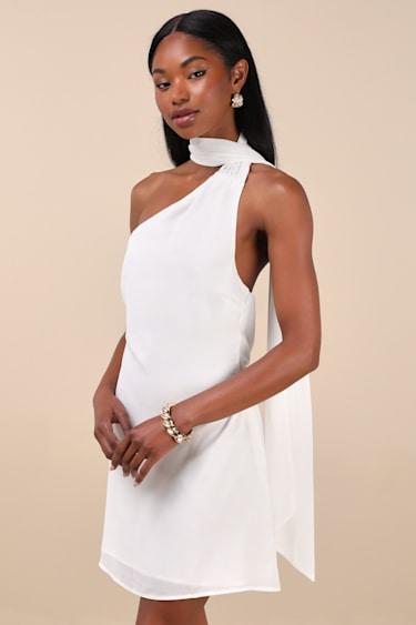 Isloda Ivory One-Shoulder Backless Sash Mini Dress Product Image