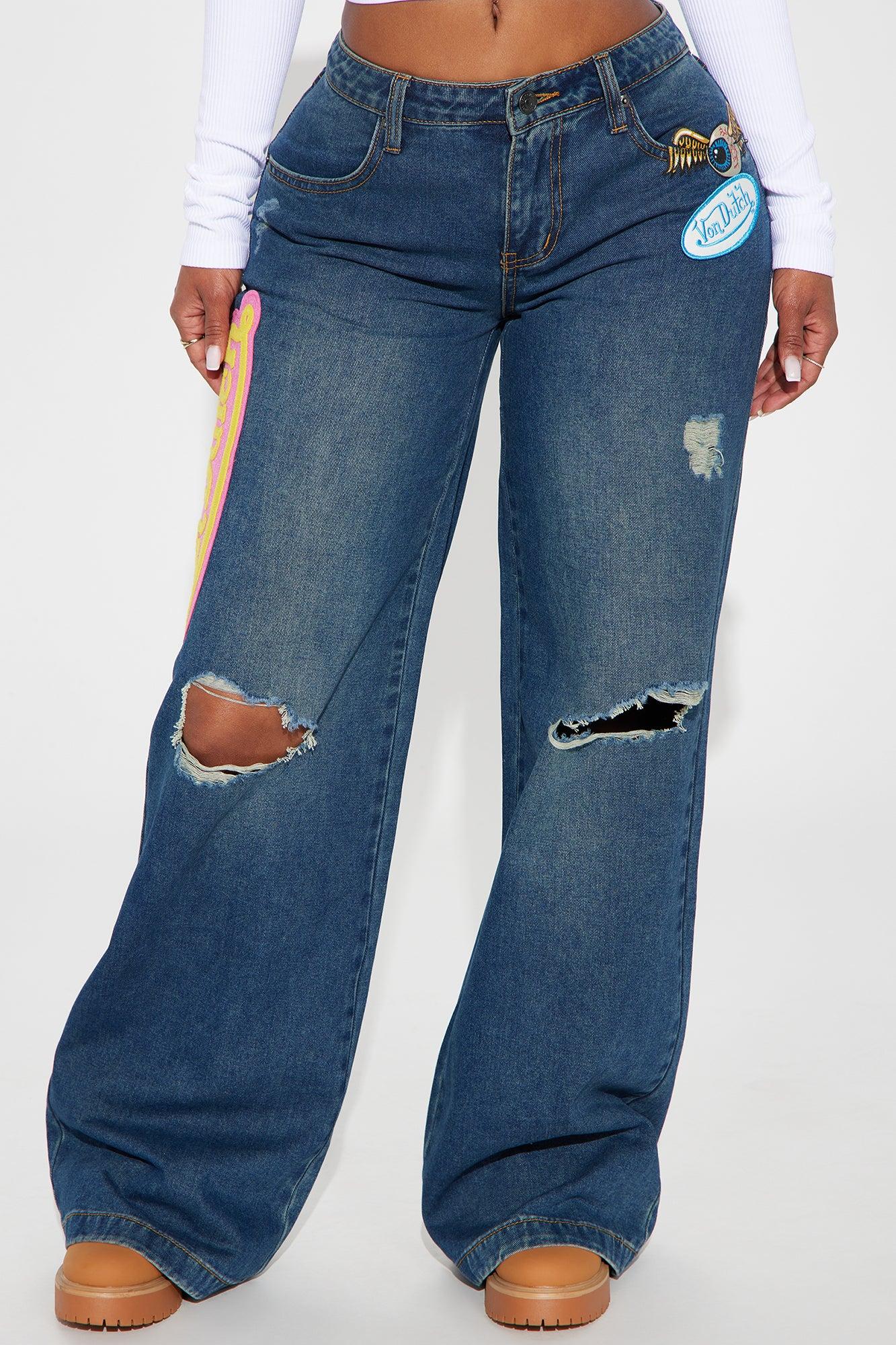 Von Dutch Patchwork Mid Rise Wide Leg Jeans - Dark Wash Product Image