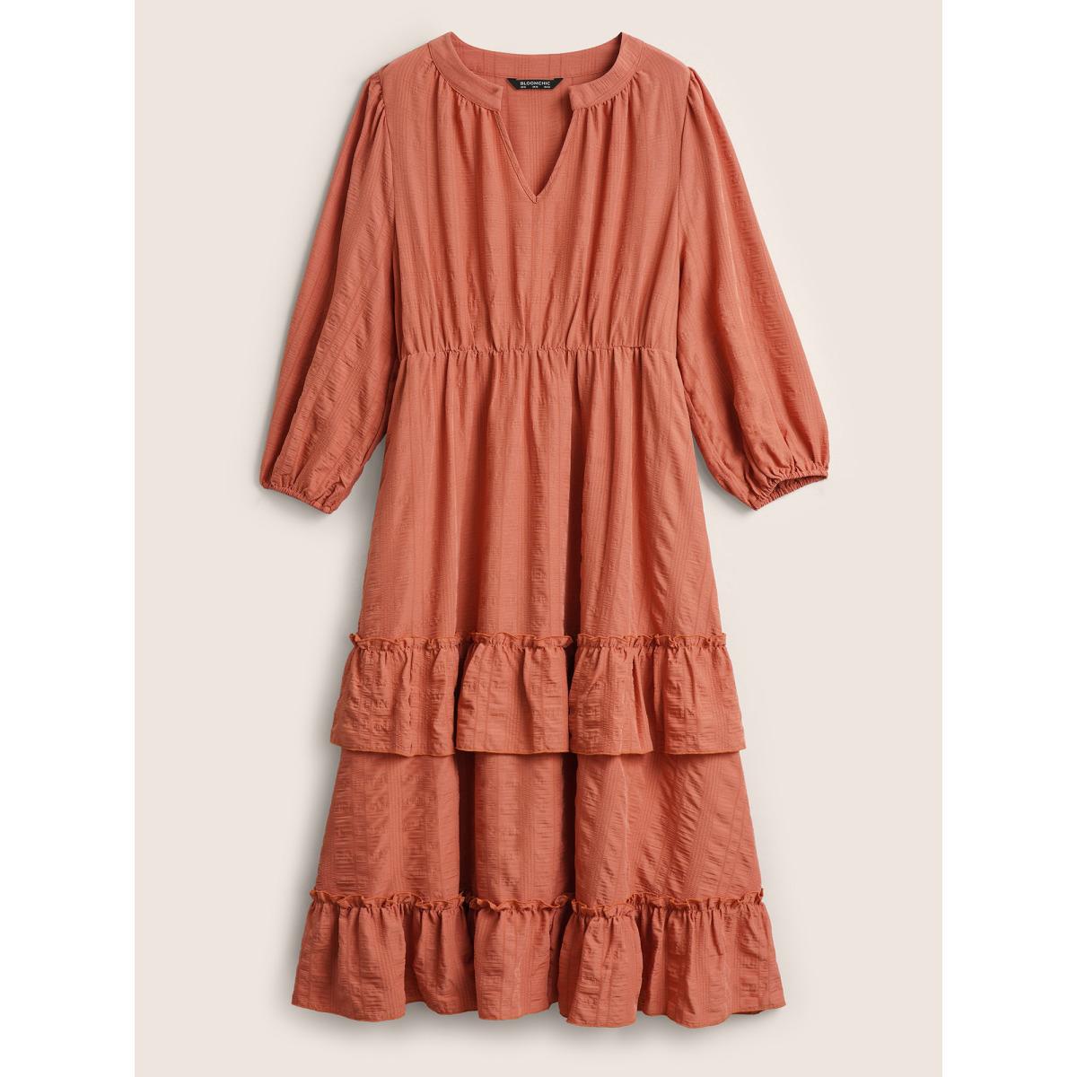 Plus Size Plisse Notched Ruffle Trim Layered Hem Dress Chocolate Women Elegant Non Notched collar Long Sleeve Curvy Midi Dress BloomChic 28/5X Product Image