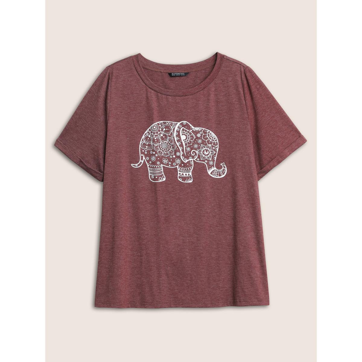 Plus Size Art & Design Elephant Print T-shirt Russet Women Leisure Non Art&design Round Neck Casual T-shirts BloomChic 28/5X Product Image
