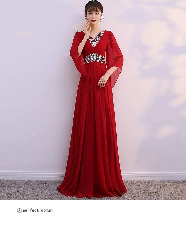 3/4-Sleeve V-Neck Lace Panel Maxi A-Line Dress Product Image