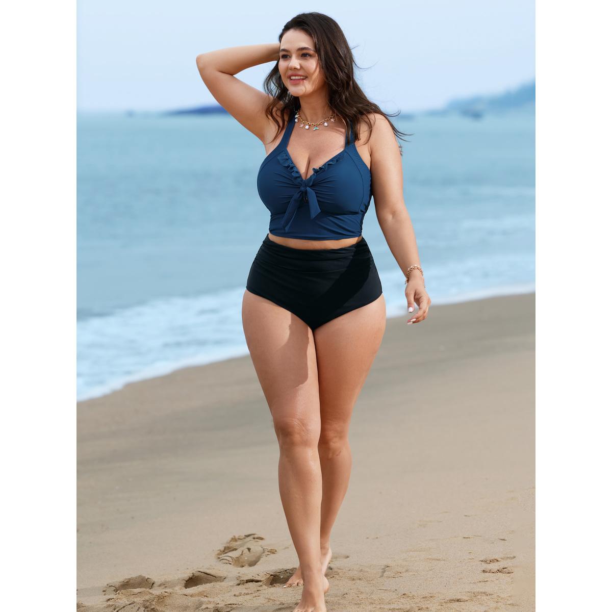 Plus Size Bust Knot-Tie Ruffle Trim Supportive Swim Top Women's Swimwear Black Resort Knotted High stretch Skinny Heart neckline Curve Swim Tops BloomChic 28/5X Product Image