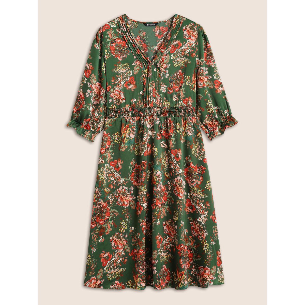 Plus Size Floral Print Flutter Sleeve Shirred Pleated Dress DarkGreen Women Elegant Non V-neck Elbow-length sleeve Curvy Midi Dress BloomChic 22-24/3X Product Image