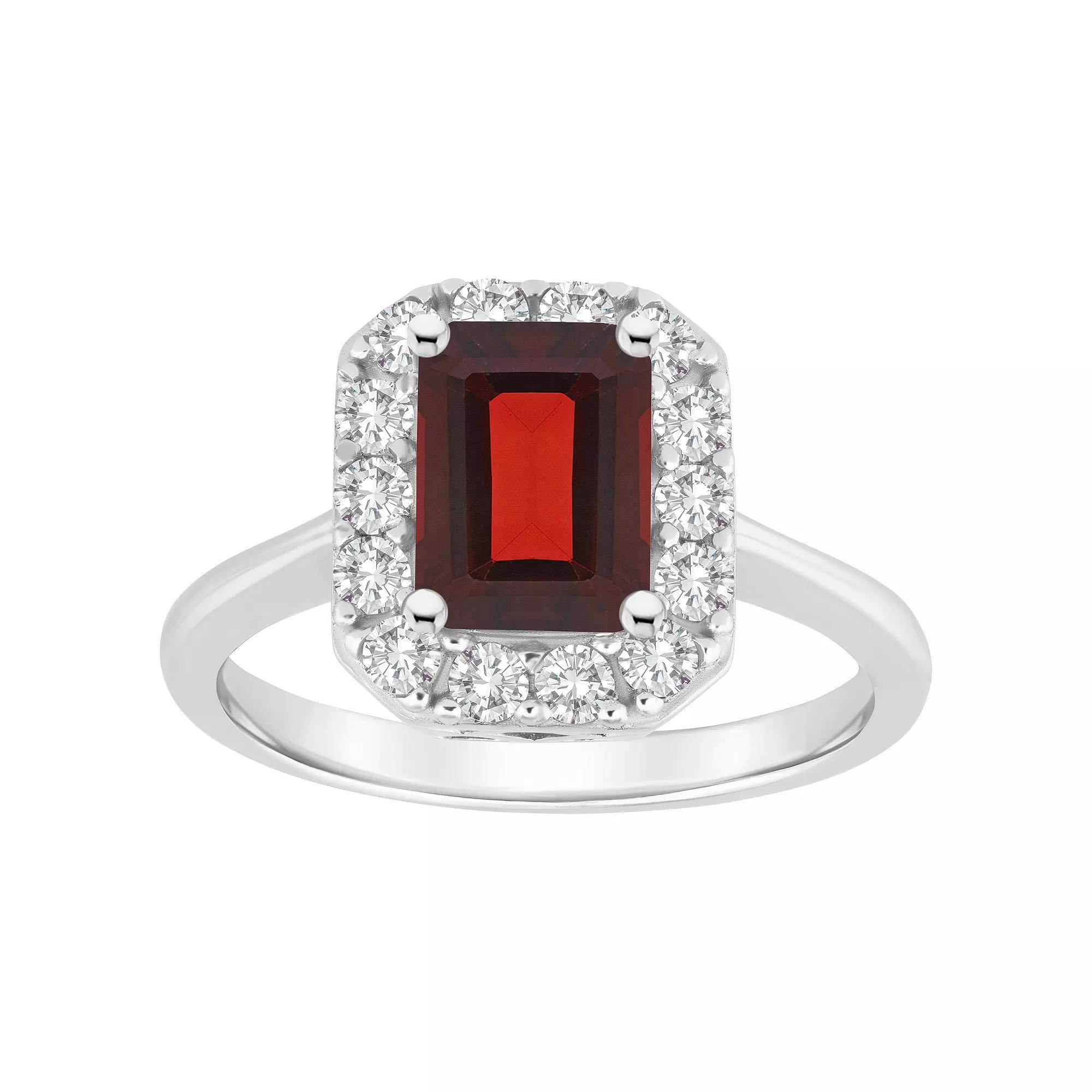 Celebration Gems Sterling Silver Emerald Cut Gemstone Halo Ring, Women's,  Product Image