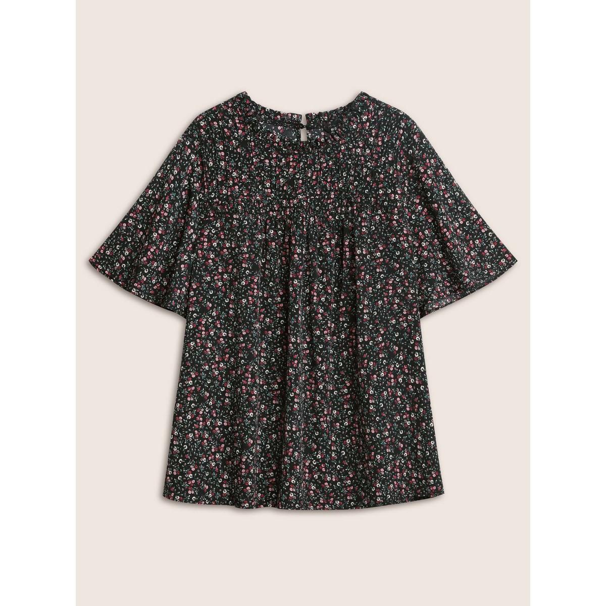Plus Size Black Ditsy Floral Plicated Detail Frill Trim Blouse Women Timeless Short sleeve Round Neck Elegant Blouses BloomChic 30/6X Product Image