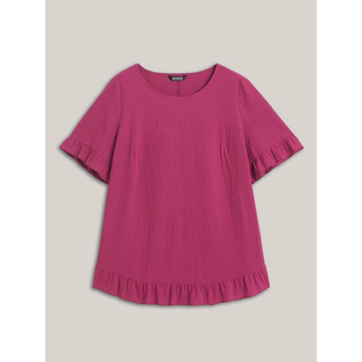 Plus Size RedViolet Pure Cotton Ruffled Curved Hem Blouse Women Leisure Short sleeve Round Neck Casual Blouses BloomChic 14-16/1X Product Image
