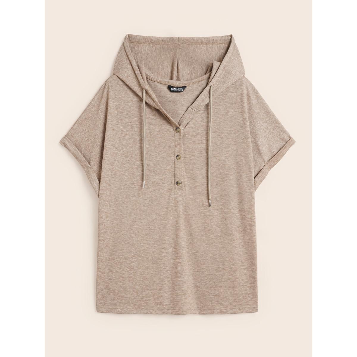 Plus Size Plain Drawstring Roll Sleeve Button Up Hooded T-shirt DarkBrown Women Casual Drawstring Plain Hooded Everyday T-shirts BloomChic 12/L Product Image