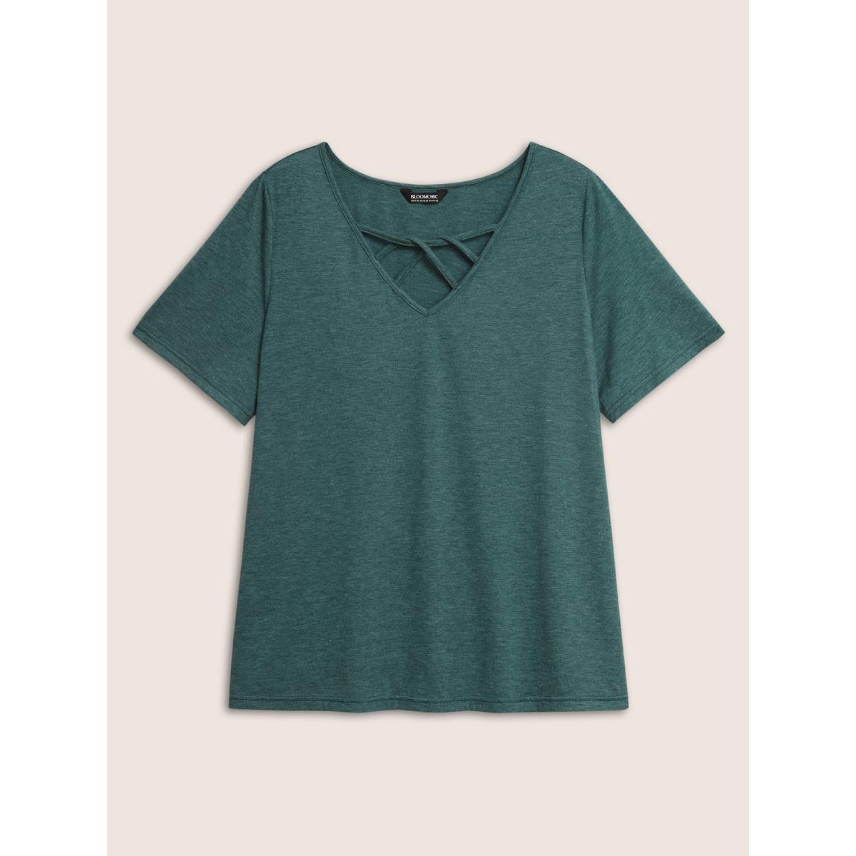 Plus Size Solid Heather Crisscross Medium Stretch T-shirt DarkGreen Women Casual Cut-Out V-neck Everyday T-shirts BloomChic 18-20/2X Product Image