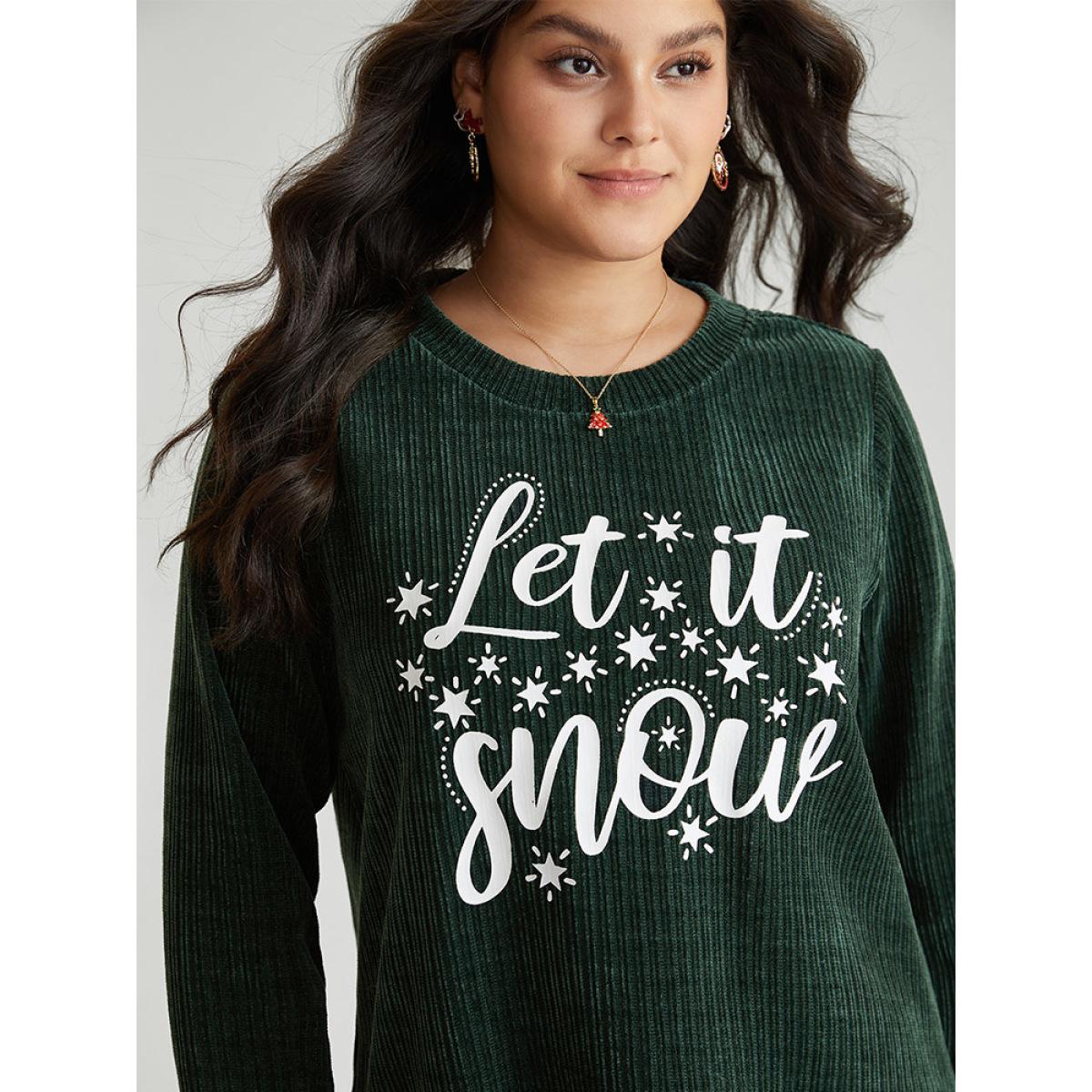 Plus Size Christmas Letter Thick Corduroy T-shirt Women DarkGreen Casual Velvet Festival-Christmas Sweatshirts BloomChic 18-20/2X Product Image