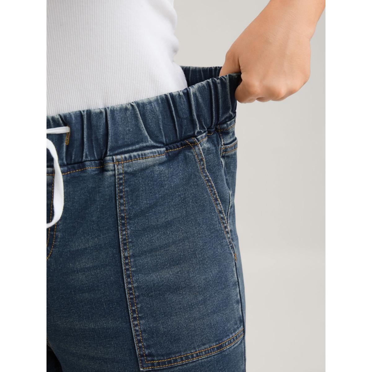 Plus Size Drawstring Elastic Waist Roll Hem Jeans Women DarkBlue Leisure Plain Drawstring High stretch Slanted pocket Jeans BloomChic 20/2X Product Image