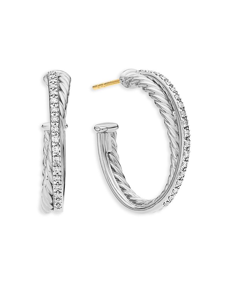 Womens Crossover Hoop Earrings in Sterling Silver with Diamonds, 26.5mm Product Image
