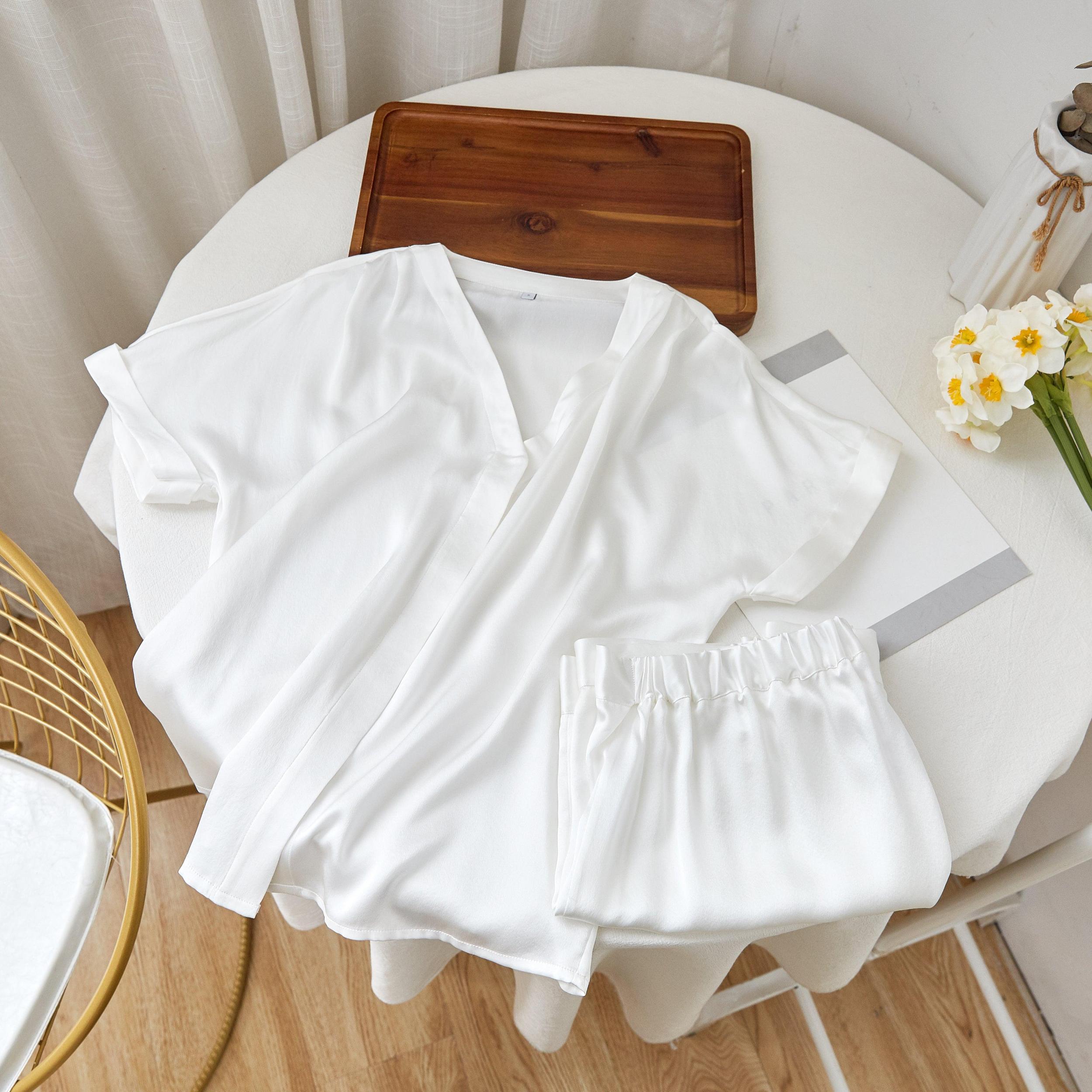 Pearl White Pure Mulberry Silk Top and Shorts Set | Soar Collection Product Image