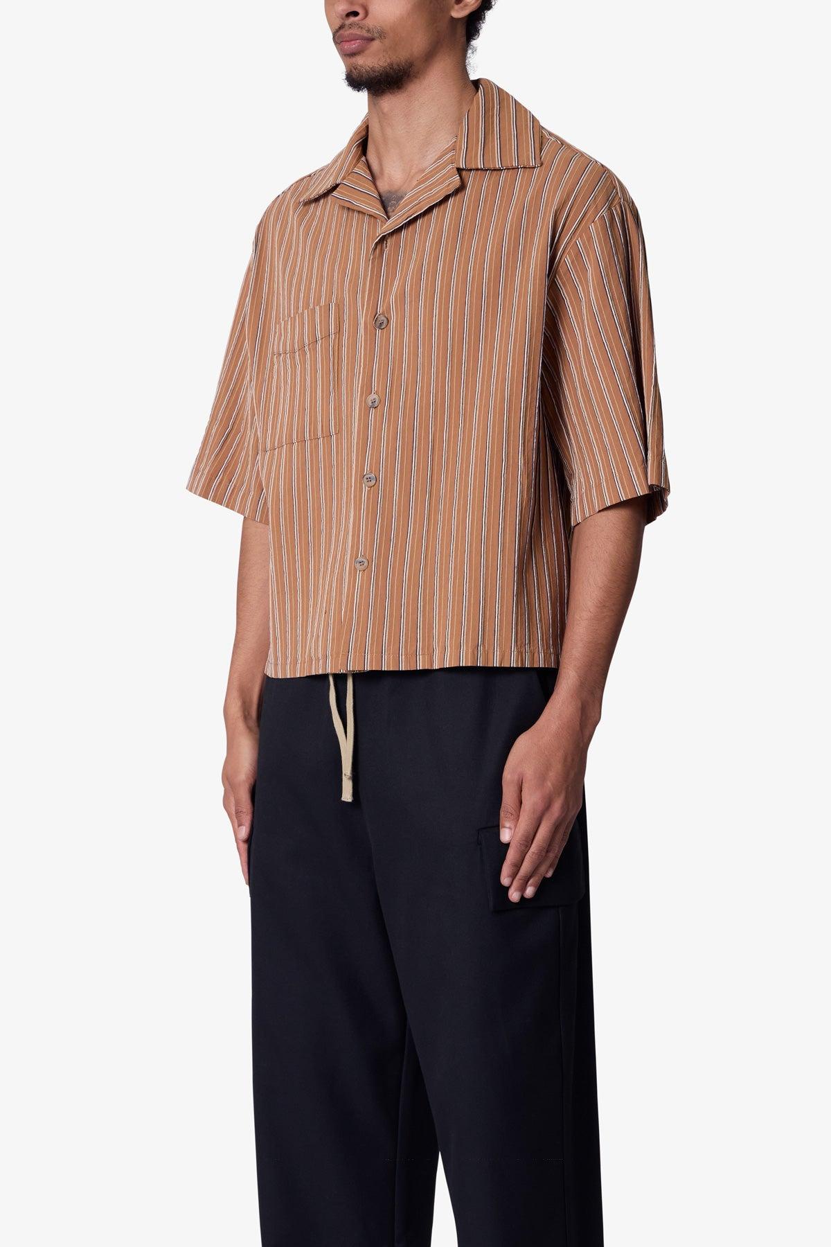 Striped Woven Cropped Shirt - Brown Product Image