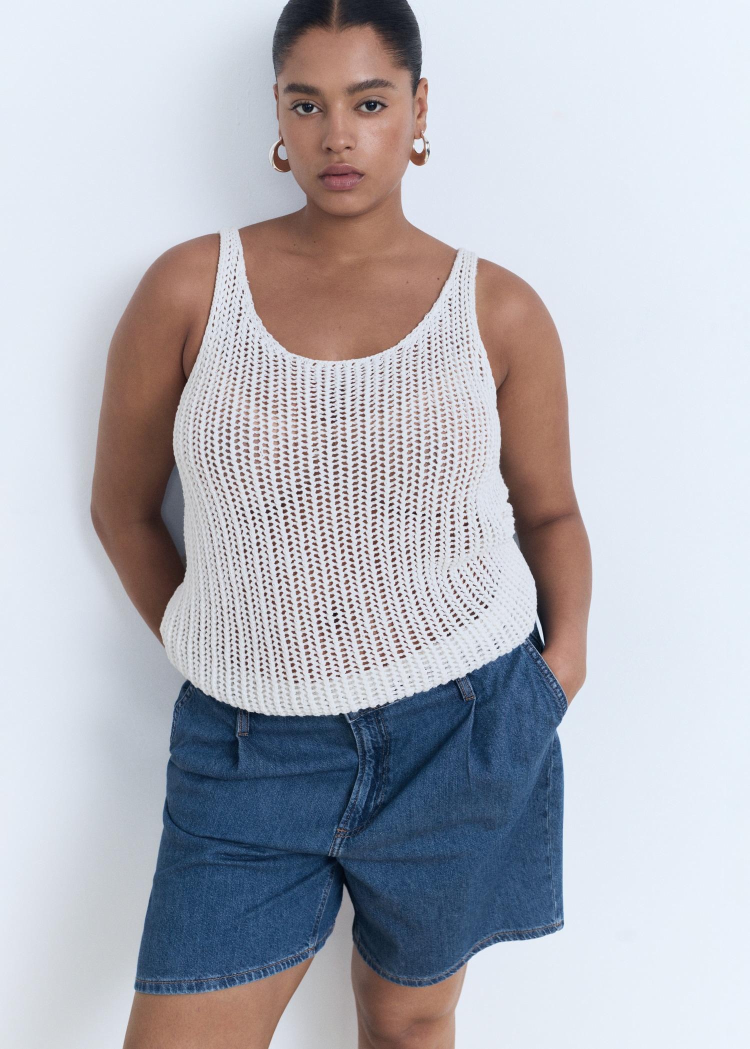 Mid-rise denim bermuda shorts with pleats - Women | MANGO USA Product Image