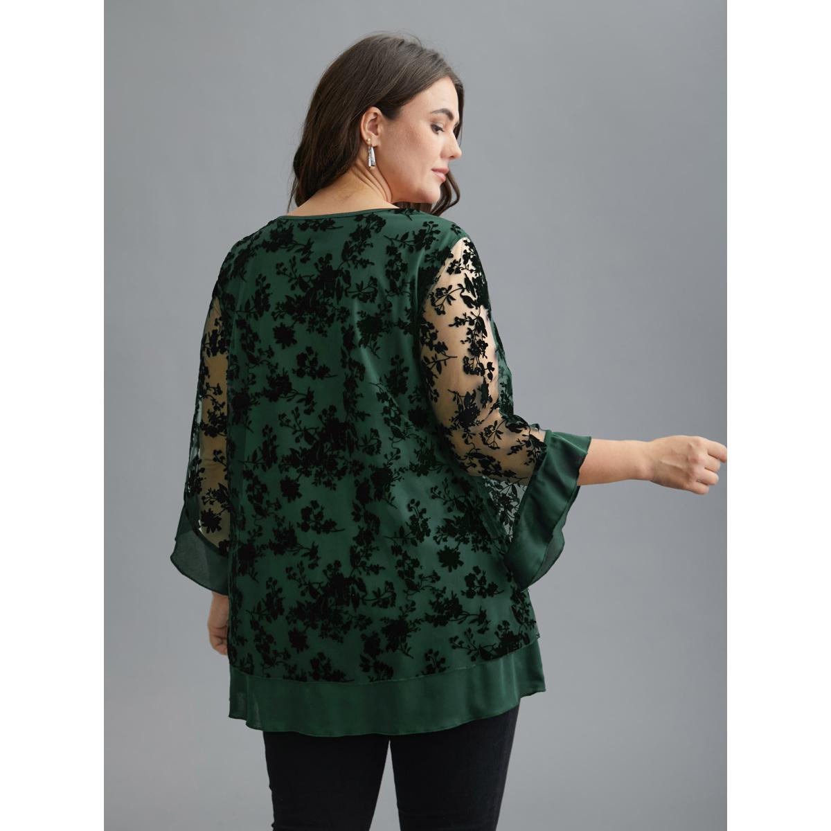 Plus Size DarkGreen Floral Flocking Mesh Asymmetrical Hem Blouse Women Elegant Three Quater Length Sleeve V-neck Everyday Blouses BloomChic 26/4X Product Image